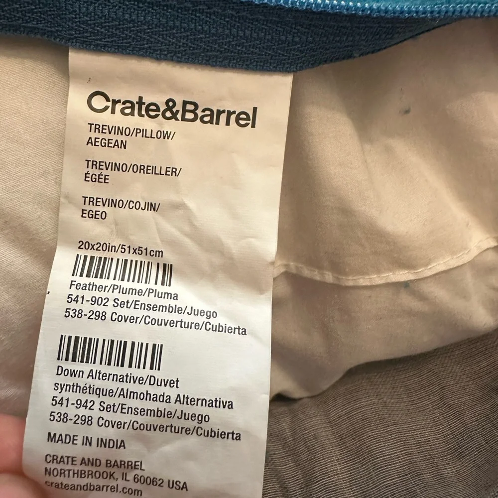 Crate&Barrel Blue Silk and Cotton Pillow with down alternative insert, 20”